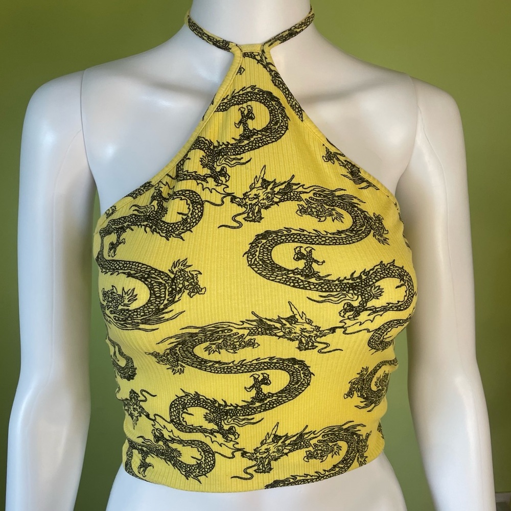 RUE 21 YELLOW BLACK DRAGON GRAPHIC PRINT CROPPED HALTER TOP SIZE XS Y2K TRENDY